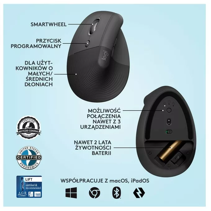 Logitech Mysz Lift Grafit dla leworęcznych 910-006474