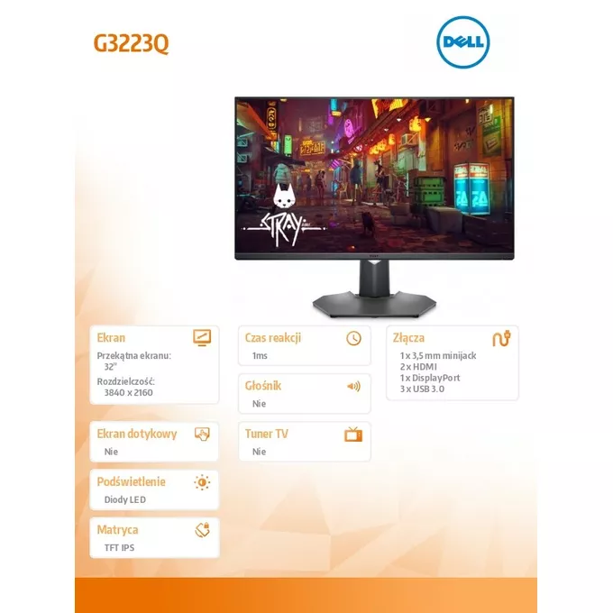 Dell Monitor G3223Q 32 cali FreeSync 144Hz IPS LED 4K (3840x2160)/16:9/DP/2xHDMI/USB-B/USB/3Y AES&amp;PPE