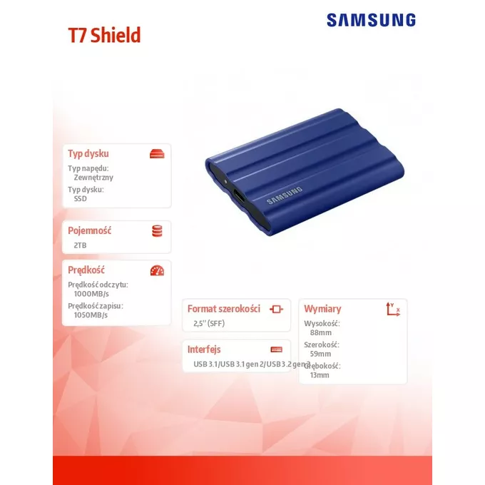 Samsung Dysk SSD T7 Shield 2TB USB 3.2, niebieski
