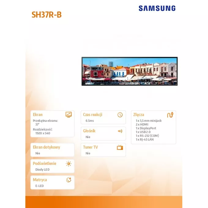 Samsung Monitor profesjonalny SH37R-B 37 cali szerokokątny 16:4,5 Matowy 24h/7 700(cd/m2) 1920x540 S6 Player (Tizen 4.0) Wi-Fi 3 lata d2d (LH37SHRBBGBXEN)