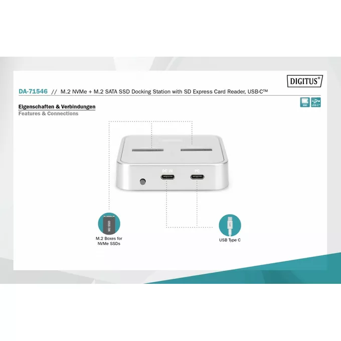 Digitus Stacja dokująca do dysków SSD M.2 NVMe + M.2 SATA z czytnikiem kart SD-Express, USB-C, Srebrna