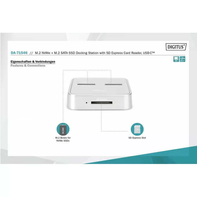 Digitus Stacja dokująca do dysków SSD M.2 NVMe + M.2 SATA z czytnikiem kart SD-Express, USB-C, Srebrna