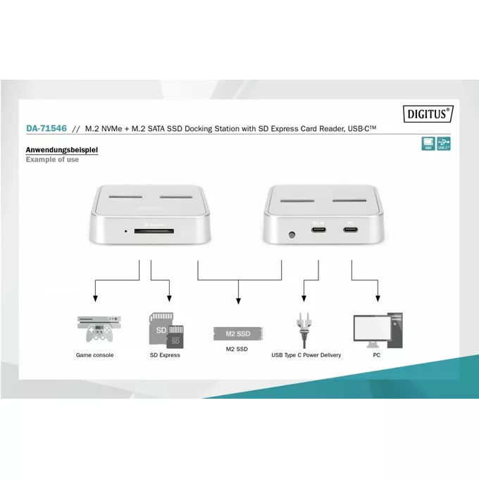 Digitus Stacja dokująca do dysków SSD M.2 NVMe + M.2 SATA z czytnikiem kart SD-Express, USB-C, Srebrna