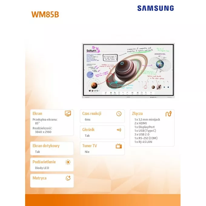 Samsung Monitor profesjonalny WM85B Flip PRO 85 cali Dotykowa 16h/7 350(cd/m2) 3840 x 2160 (UHD) Flip App WiFi/BT 3 lata On-Site (LH85WMBWLGCXEN)