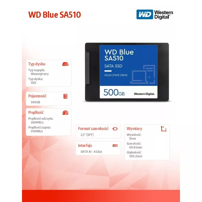 Western Digital Dysk SSD WD Blue 500GB SA510 2,5 cala WDS500G3B0A