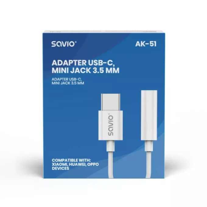 Savio Adapter USB-C - Mini Jack 3,5mm, Xiaomi, Huawei, Oppo,  AK-51