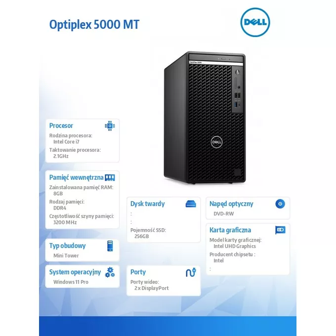 Dell Komputer Optiplex 5000 MT/Core i7-12700/8GB/256GB SSD/Integrated/DVD RW/Wireless Kb &amp; Mouse/260W/W11Pro/3Y