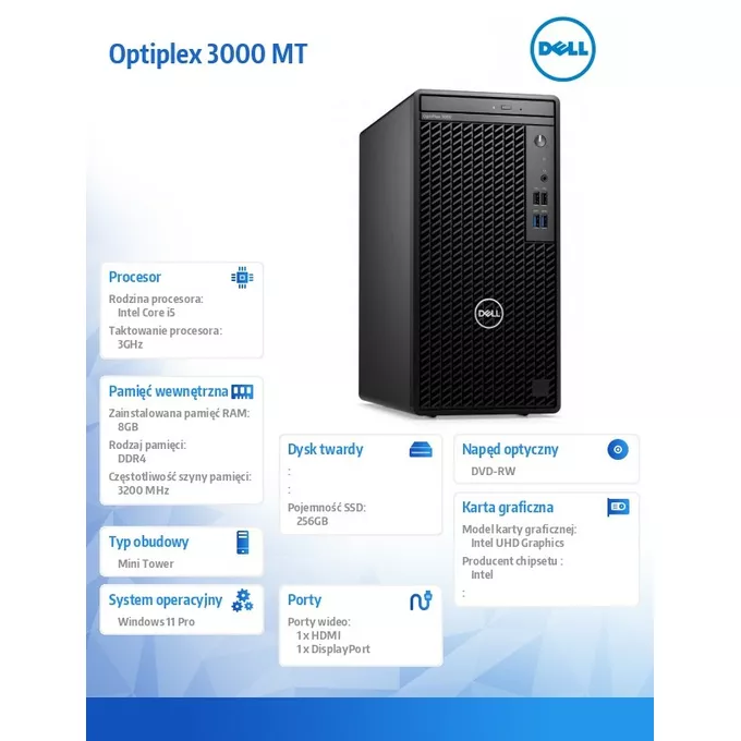 Dell Komputer Optiplex 3000 MT/Core i5-12500/8GB/256GB SSD/Integrated/DVD RW/No Wifi/Kb/Mouse/W11Pro/3Y