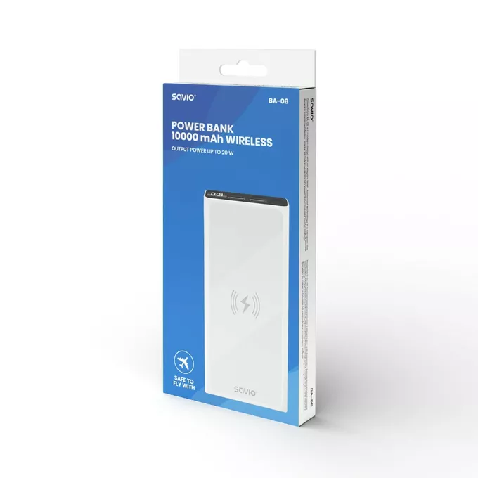 Savio Power bank 10000 mAh, ładowanie indukcyjne, biały, BA-06