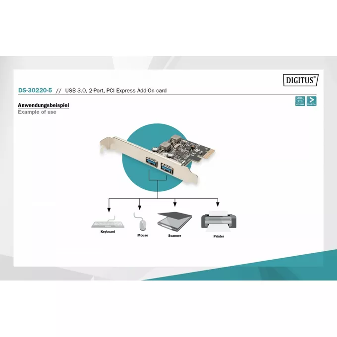 Digitus Kontroler USB 3.0 PCIe, 2x USB 3.0, Low Profile, Chipset UPD720202