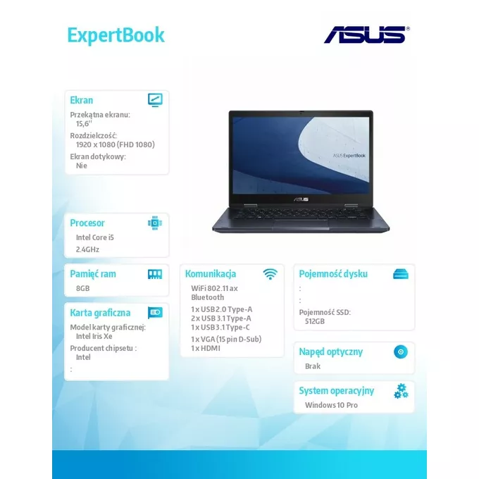 Asus Notebook ExpertBook B1500CEAE-EJ2015R i5 1135G7  8/512/IRIS/15/W10 PRO gwarancja 36 miesięcy NBD