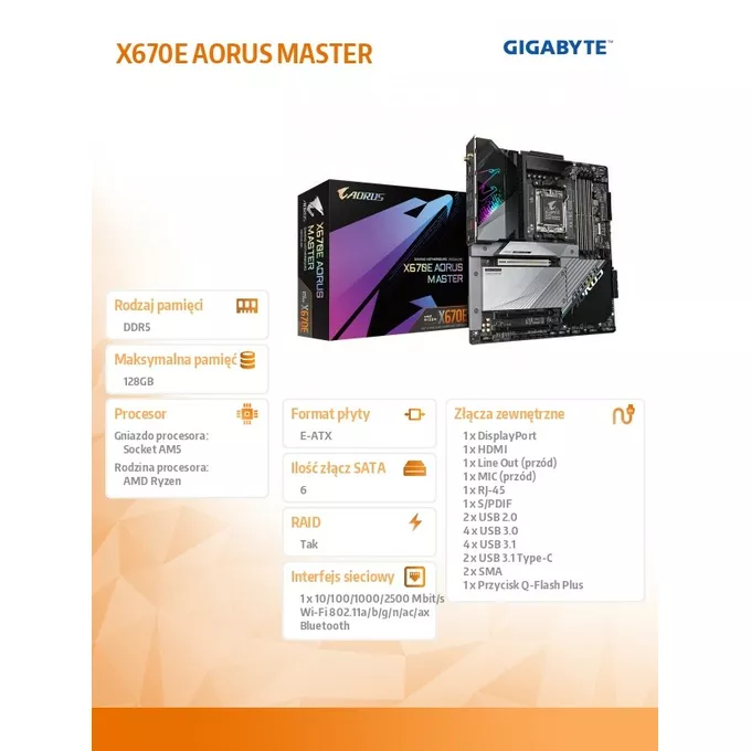 Gigabyte Płyta główna X670E AORUS MASTER AM5 4DDR5 HDMI/DP EATX