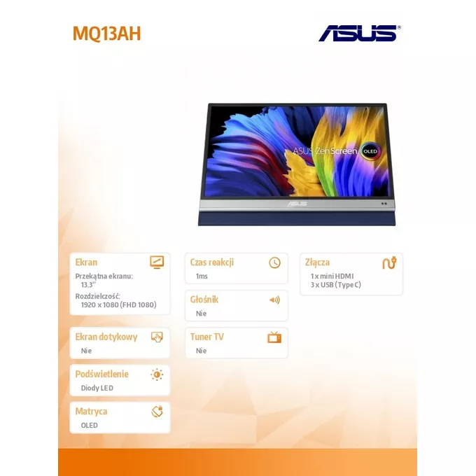 Asus Monitor 13,3 cali MQ13AH GR/1MS/EU/HDMI+3xTYPE-C
