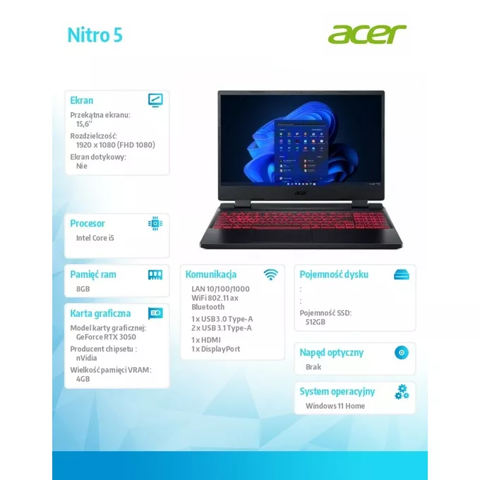 Acer Notebook Nitro 5 AN515-58-55KH    WIN11H/i5-12500H/8GB/512 SSD/RTX3050/15.6