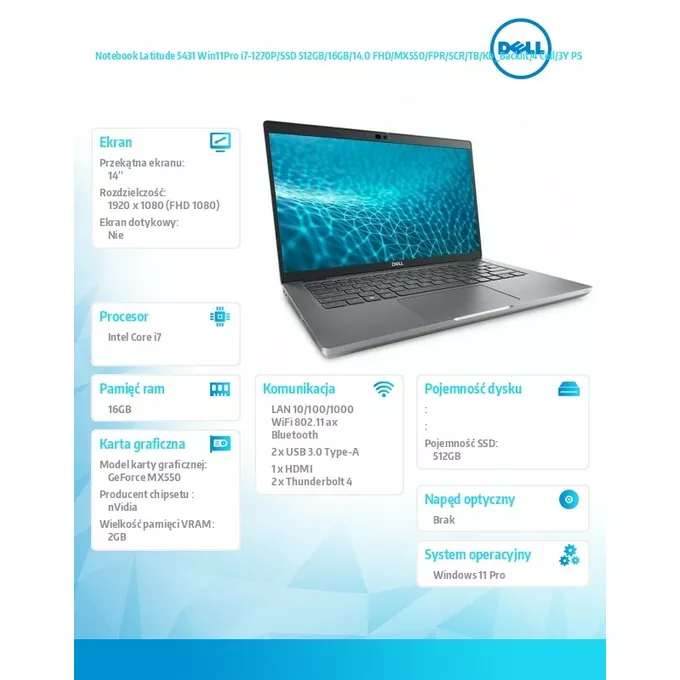 Dell Notebook Latitude 5431 Win11Pro i7-1270P/SSD 512GB/16GB/14.0 FHD/MX550/FPR/SCR/TB/Kb_Backlit/4 Cell/3Y PS