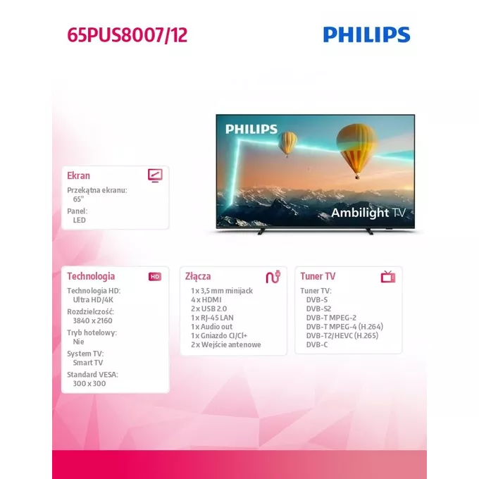 Philips Telewizor 65 cali LED 65PUS8007/12 ANDROID AMBILIGHT