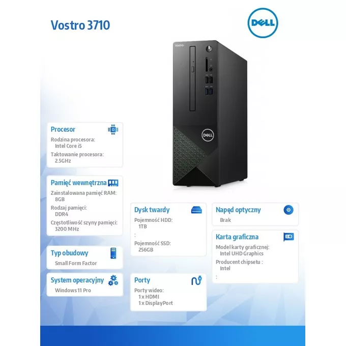 Dell Komputer Vostro 3710 SFF Win11Pro i5-12400/8GB/256GB SSD + 1TB/Intel UHD 730/Kb/Mouse/3Y ProSpt