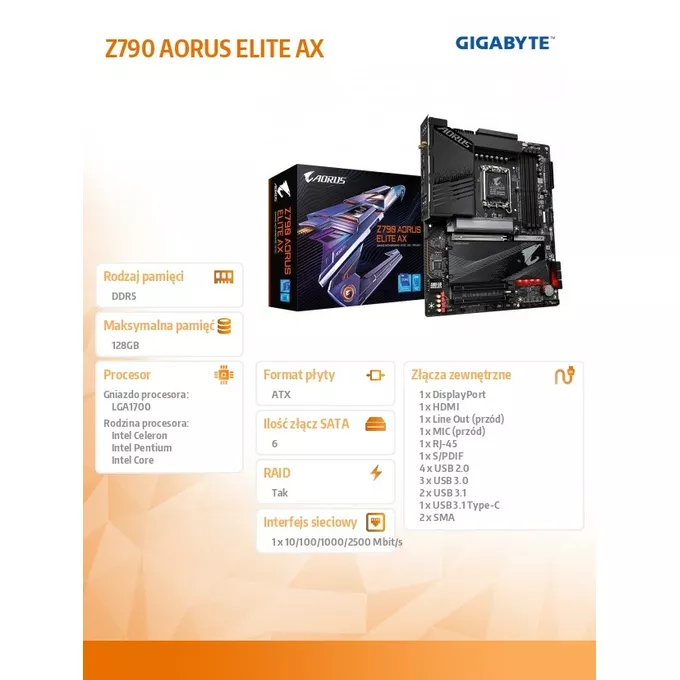 Gigabyte Płyta główna Z790 AORUS ELITE AX S1700 4DDR5 USB/DP ATX