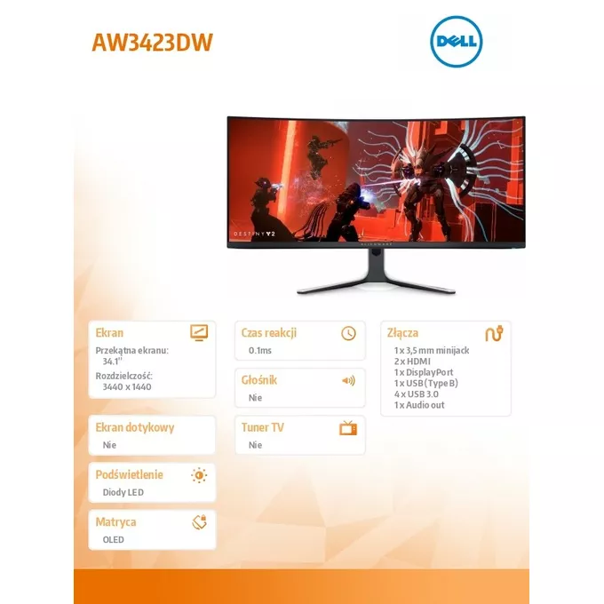 Dell Monitor Alienware AW3423DW 34.1 cali Curved NVIDIA G-Sync Ultimate 175Hz OLED QHD (3440x1440) /21:9/DP/2xHDMI/5xUSB 3.2/3Y AES&amp;PPE