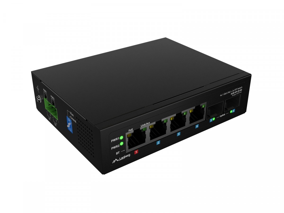 Lanberg Przełącznik ILGE-4P-2S-90 Light Industrial POE 1XBT 3XAT 2XSFP DIN Gigabit Ethernet