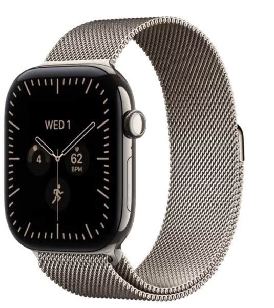 Apple Watch seria 12 GPS + Cellular, koperta 46 mm z tytanu w kolorze naturalnym, bransoleta mediolańska w kolorze naturalnym S/M