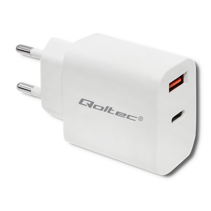 Qoltec Ładowarka sieciowa | 18W | 5-12V | 1.5-3A | USB typ C PD |  USB QC 3.0 | Biała